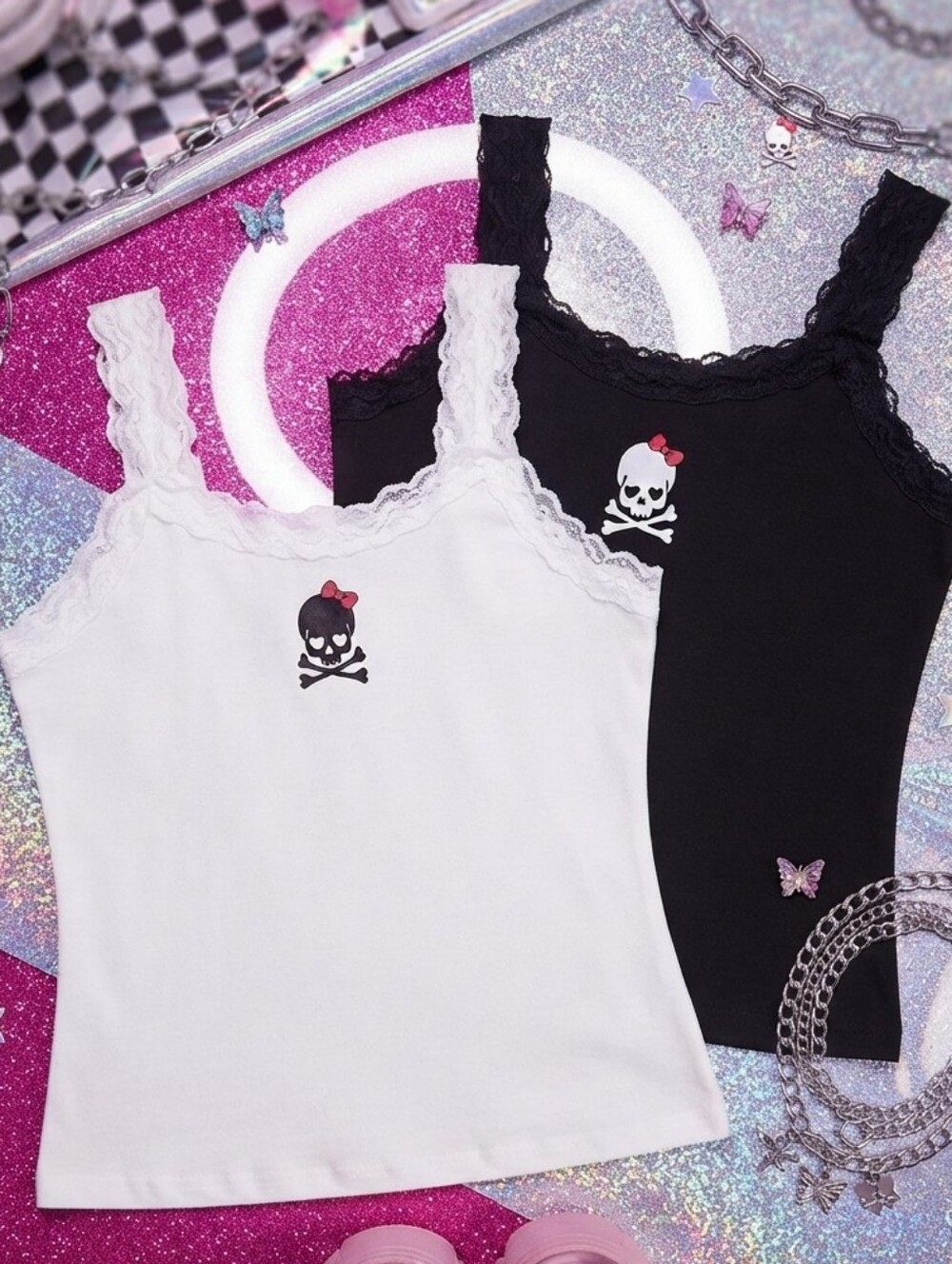 Skull & Crossbones w/Pink Bow Lace Tank Top Set, White & Black, Creepy Cute